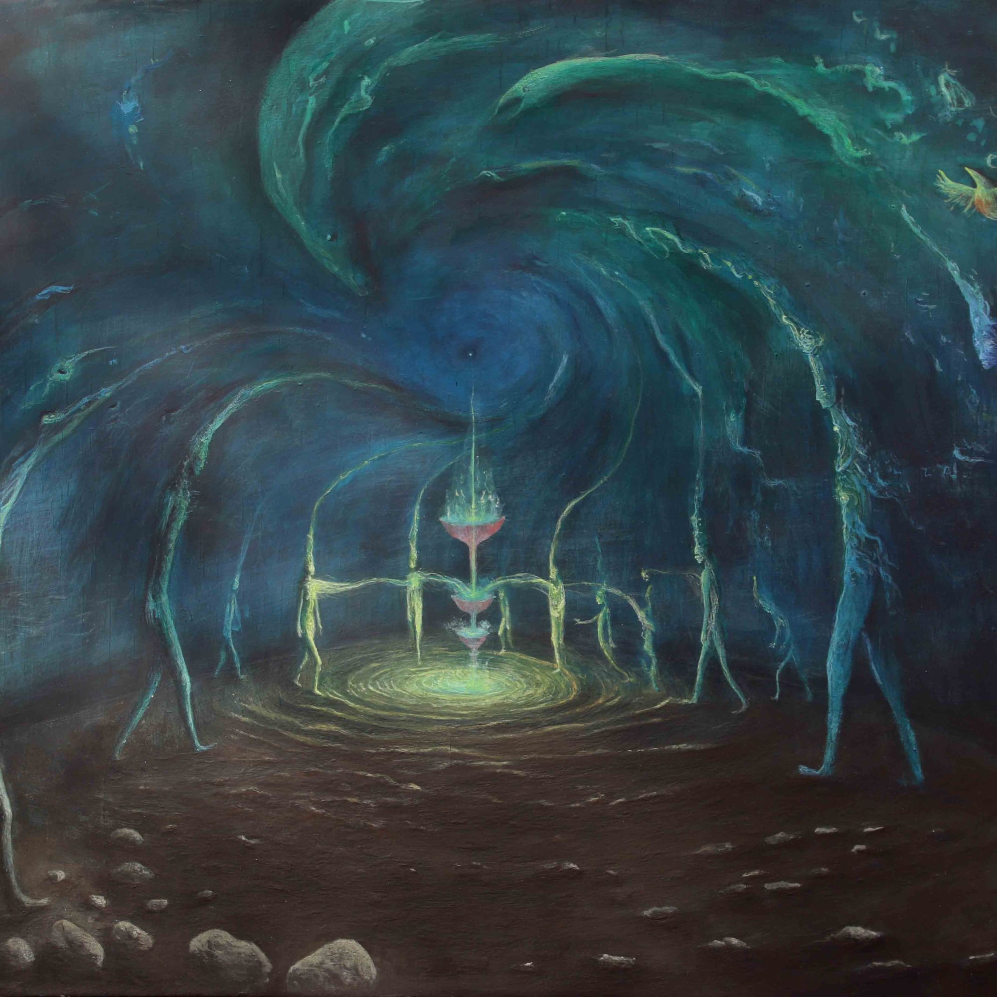 "La ceremonia del Bardo" (2024) Temple de huevo y óleo sobre madera- - 60 x 35 cm